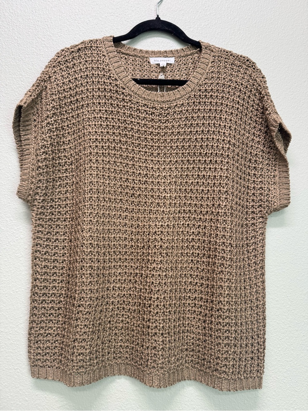 NWT Blu Pepper Taupe Waffle Knit Short-Sleeve Sweater,Multiple Sizes